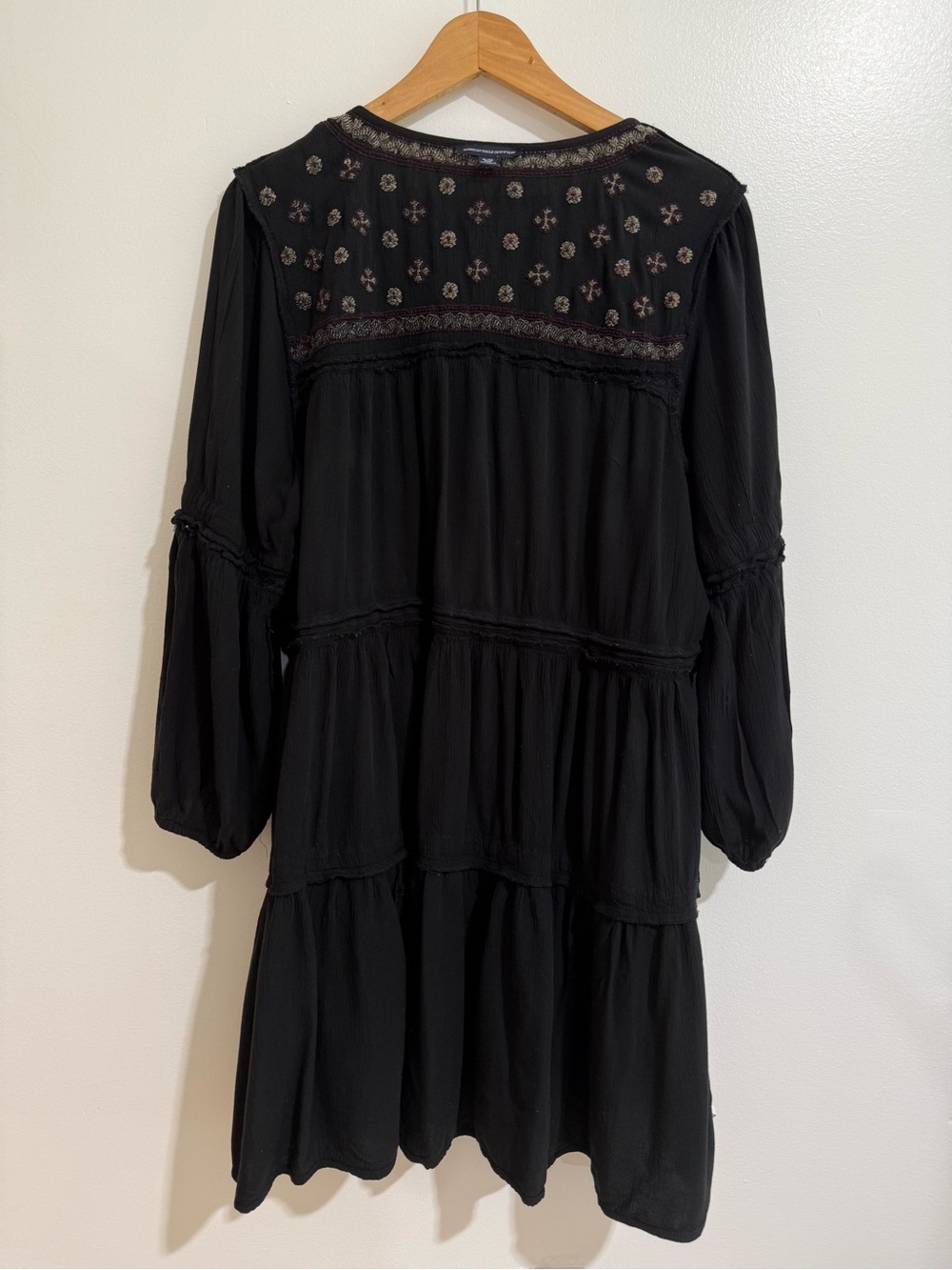 American Eagle Black Embroidered Boho Babydoll Mini Dress XL - Picture 6 of 13